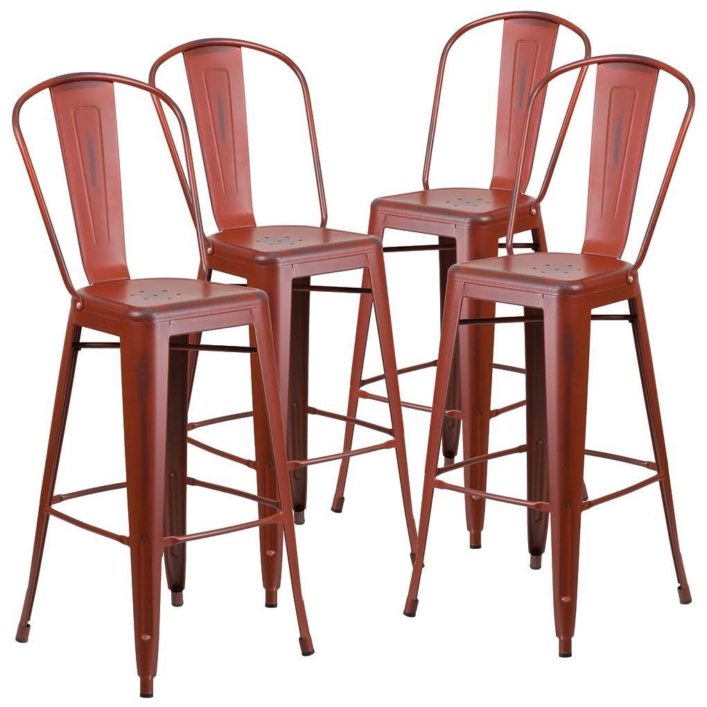 30'' High Distressed Kelly Red Metal Indoor-Outdoor Barstool with Back E82708