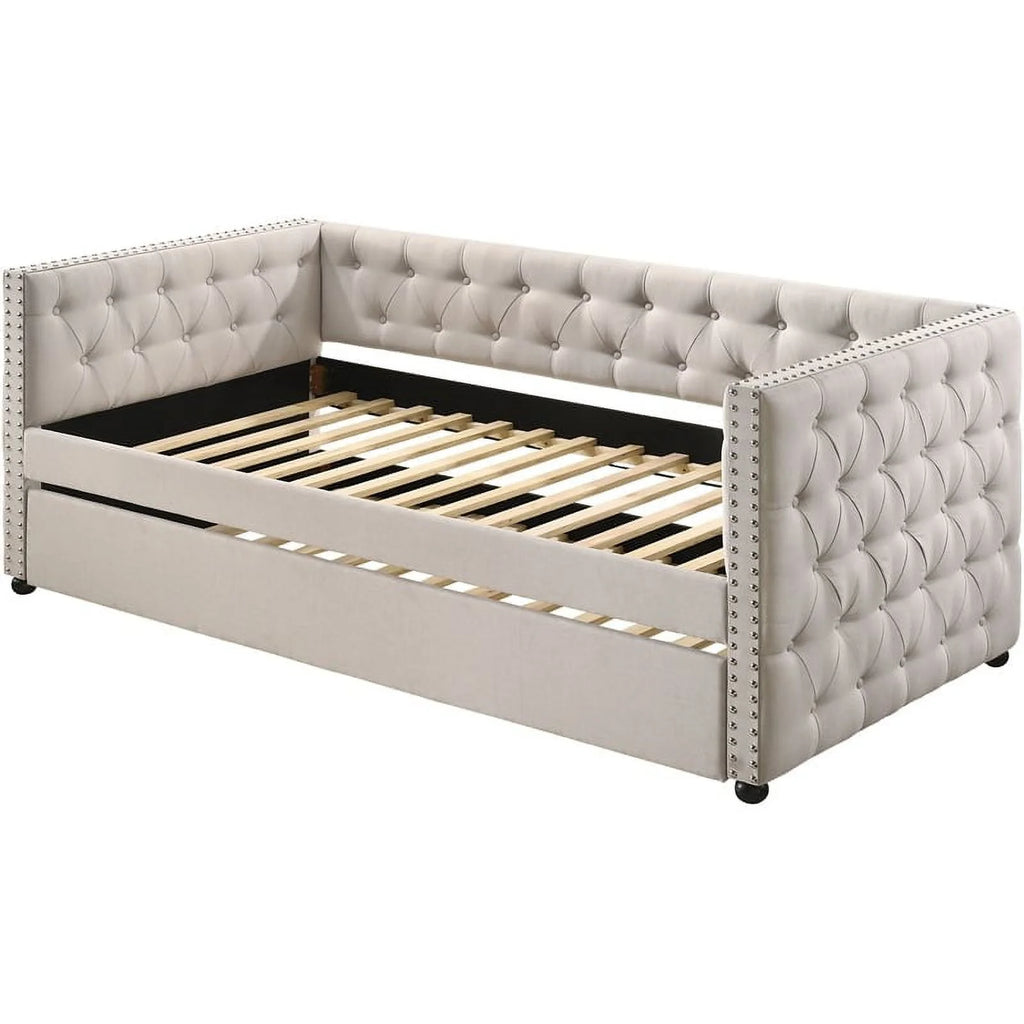Beige Button Tufted Fabric Upholstered Twin Daybed and Trundle N457