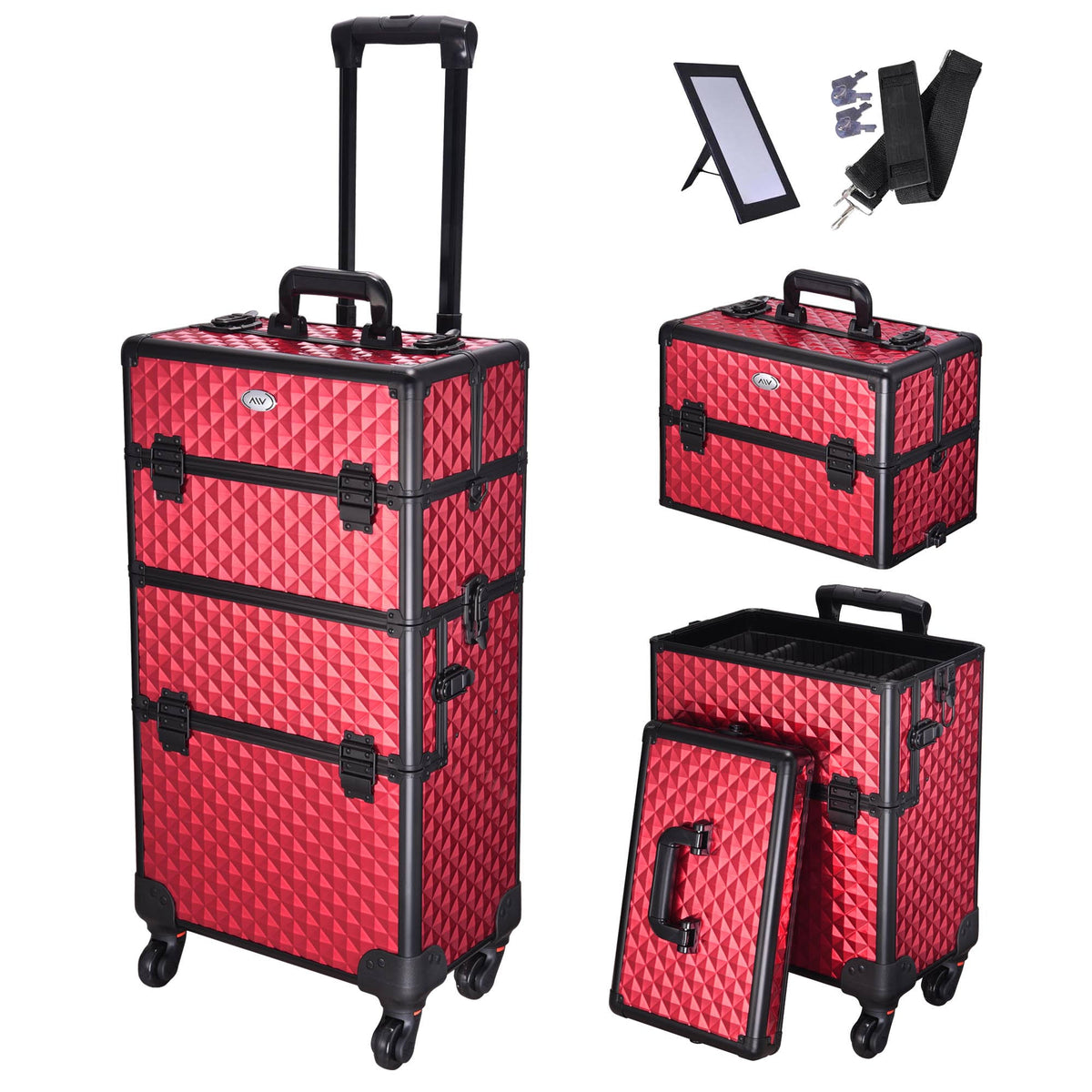 Rolling Aluminum Makeup Train Case 2in1 4Wheel Red Y922064