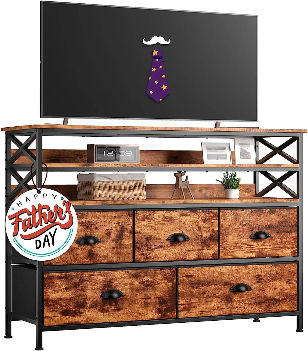 Rustic Brown Dresser TV Stand with Fabric Drawers J263