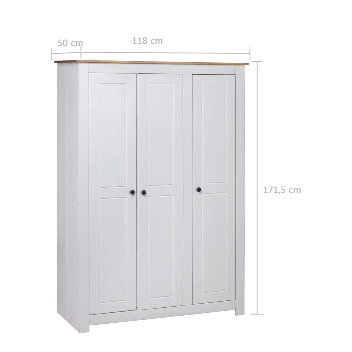 3 Doors Pine Wood Wardrobe with Storage Shelves and Hanging Rod F3257