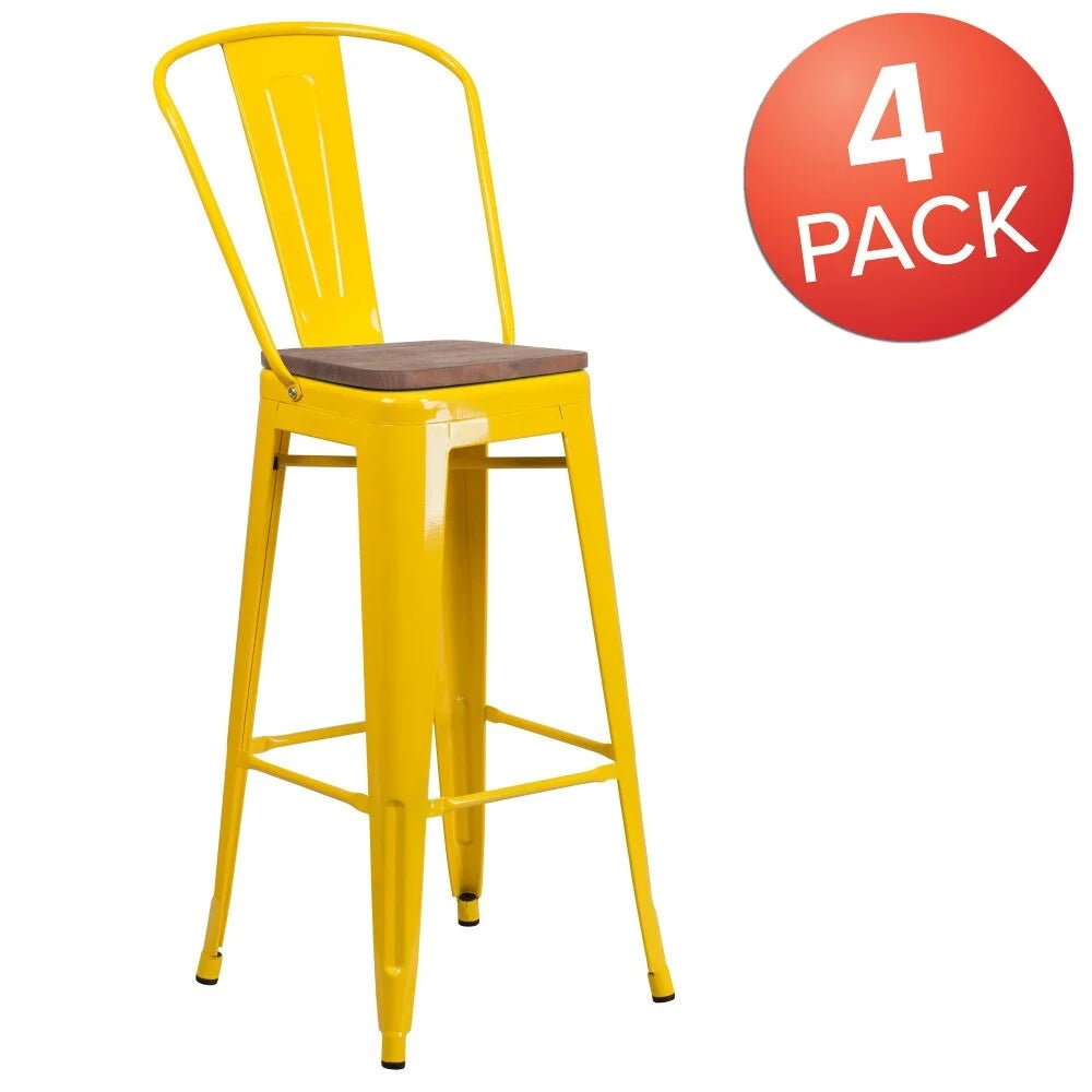 4 Pack 30" High Metal Barstool with Back and Wood Seat Yellow E7070