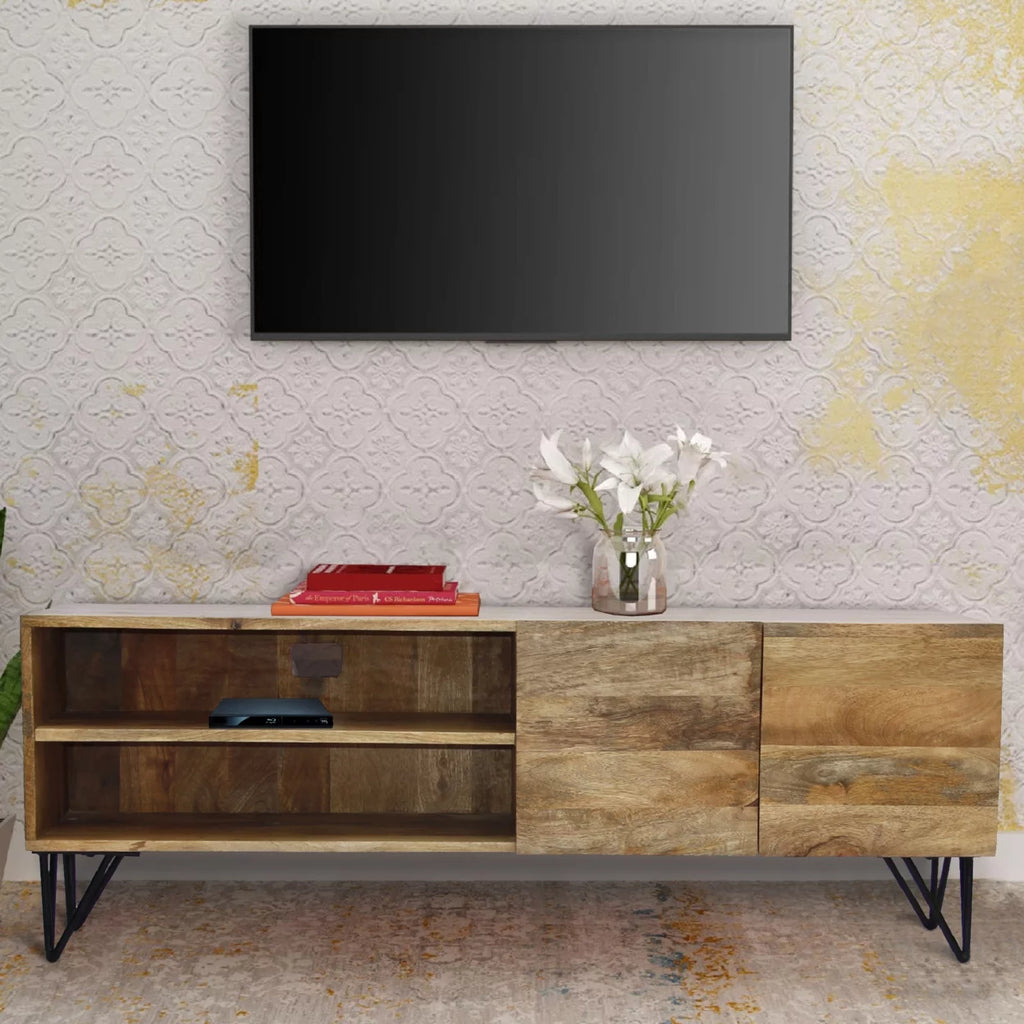 Mango Wood and Metal Tv Stand With Storage Cabinet Brown E226