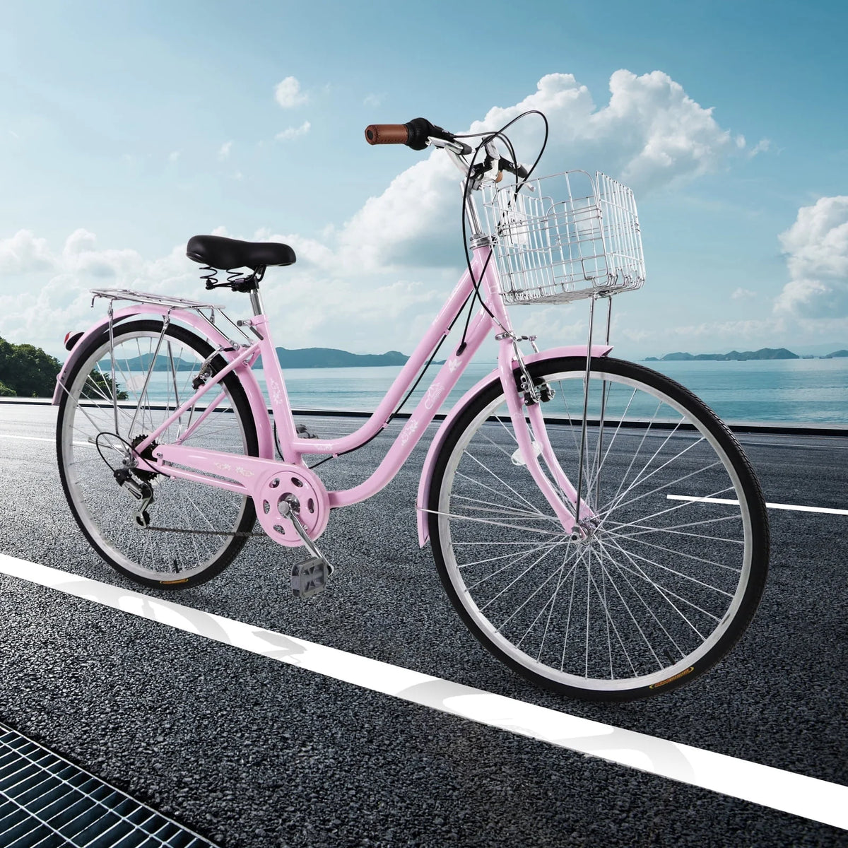 26 inch Commuter Bicycle with 7-speed, Baskets, Pink J14383