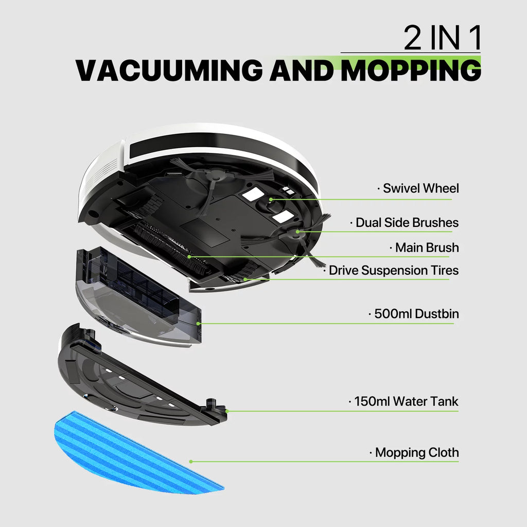 2 in 1 Robot Vacuum and Mop Combo, 2800pa White H834768