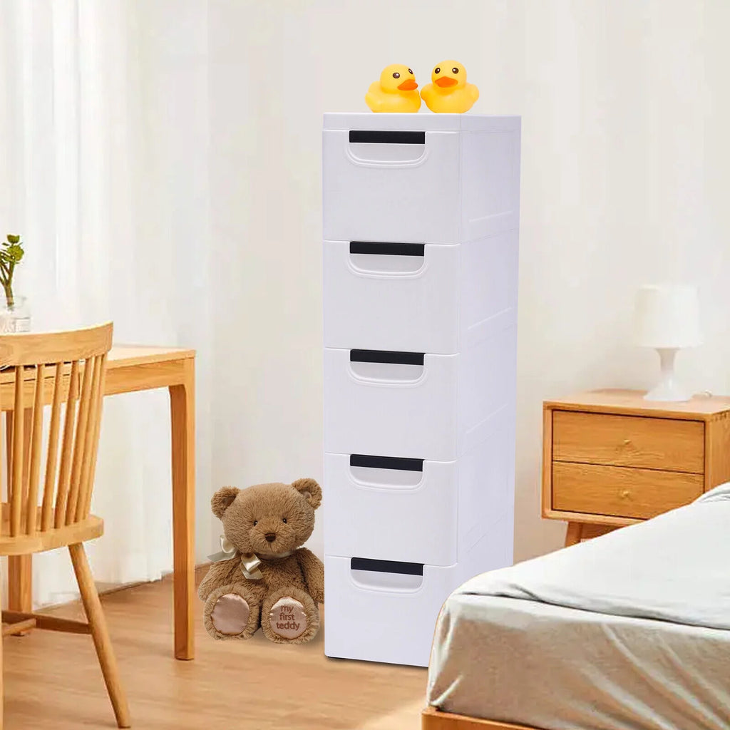 White Narrow Plastic 5 Drawer Dresser with Wheels H908