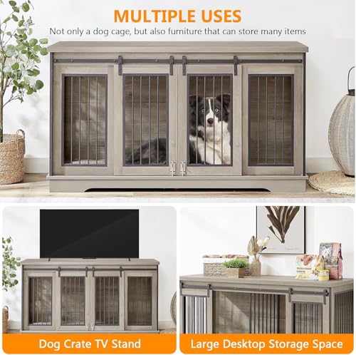 Grey 60.6 Inch Double Dog Crate Furniture with Divider R11027