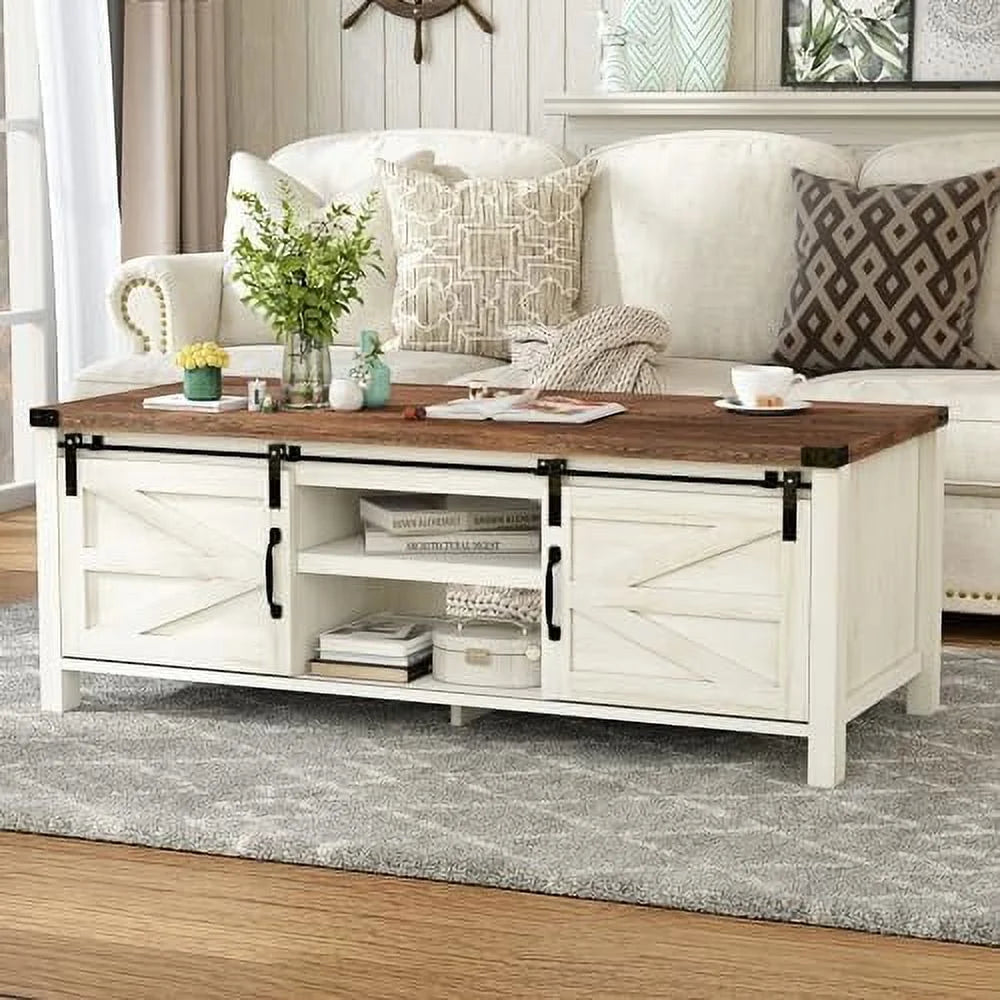 Farmhouse Coffee Table with Sliding Barn Doors V766