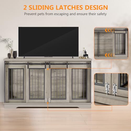 Grey 60.6 Inch Double Dog Crate Furniture with Divider R11027