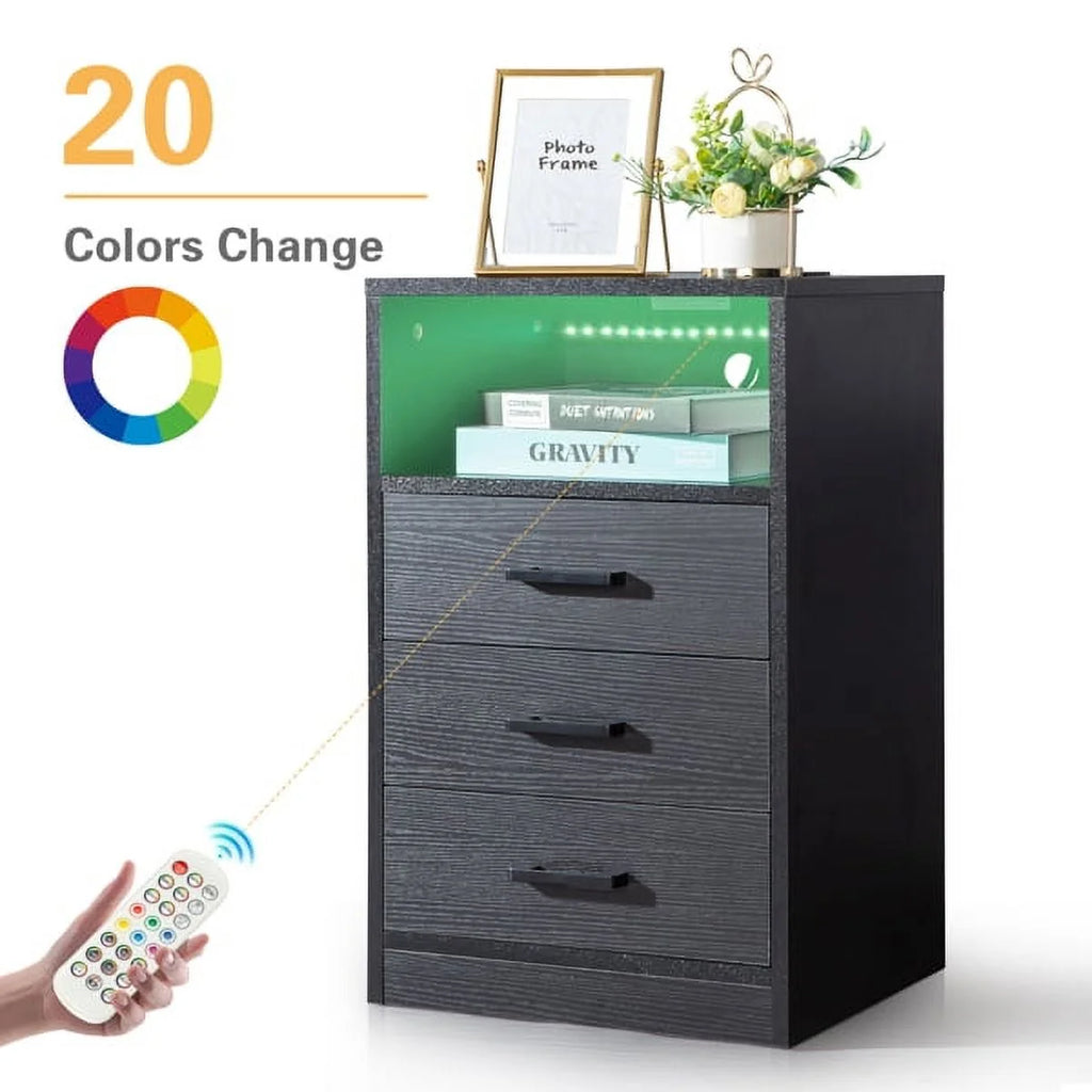 Black Nightstand with Charging Station and 3 Drawers H4749