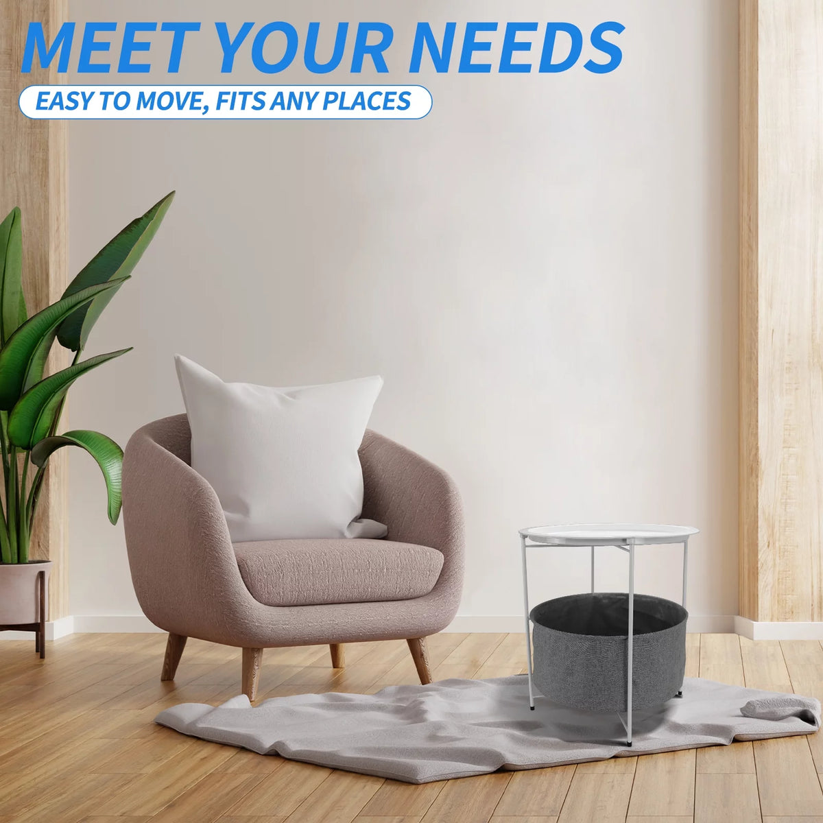 Round Metal End Table with Fabric Storage Basket O231