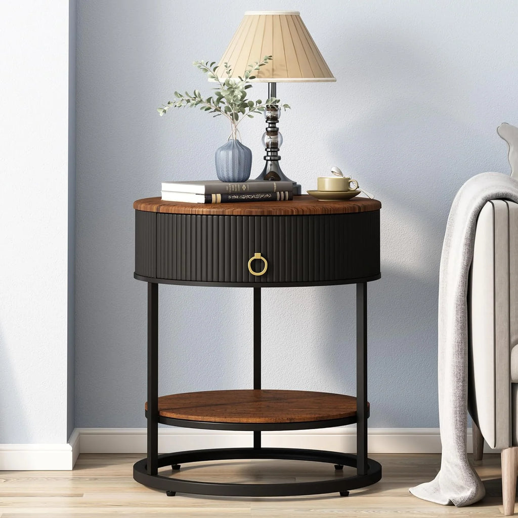 Black Metal 2-Tier Round End Table with Drawer B53579