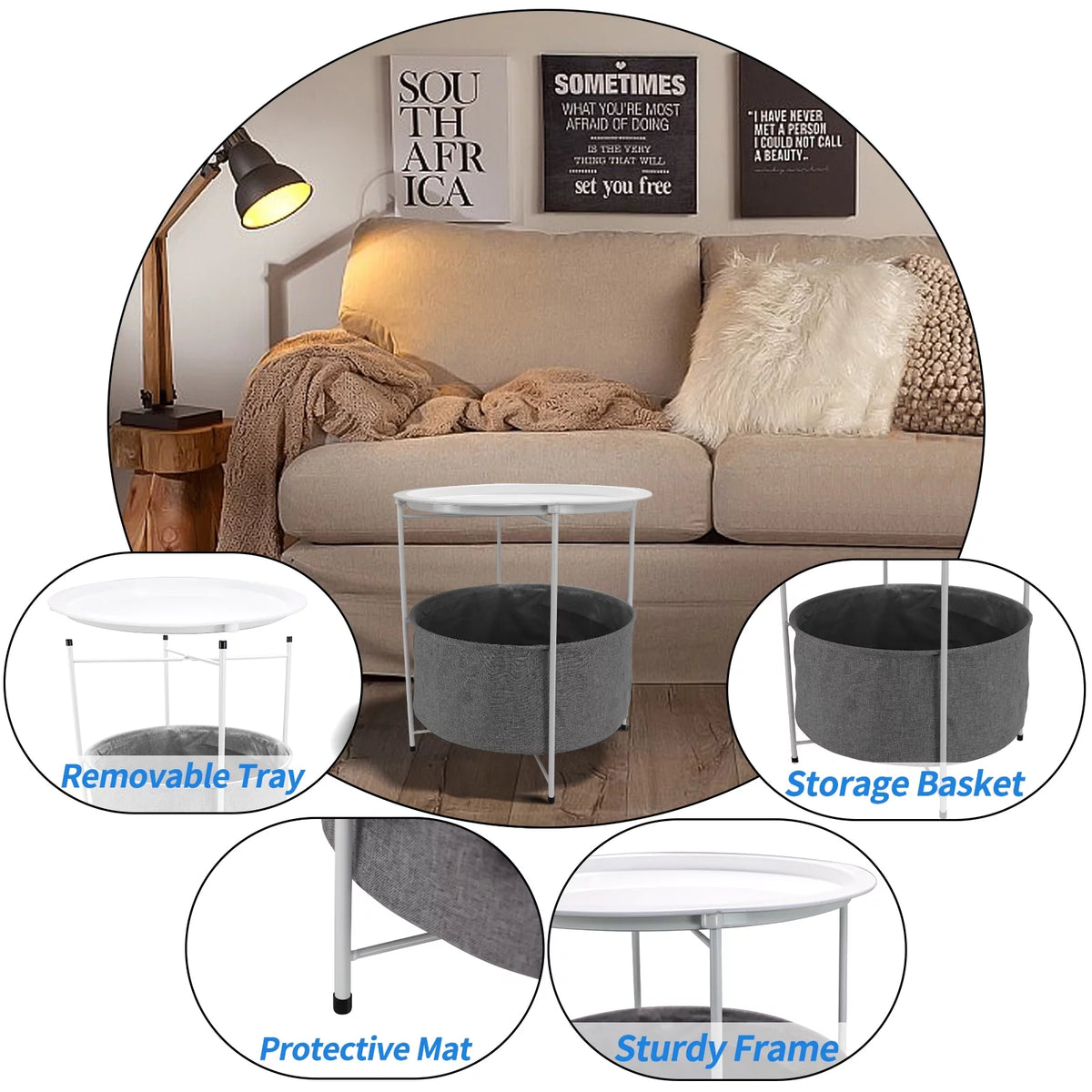 Round Metal End Table with Fabric Storage Basket O231