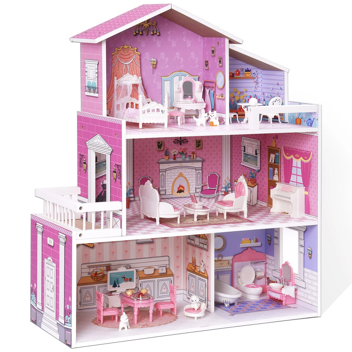 Wooden Dollhouse with 24pcs Furniture E620454