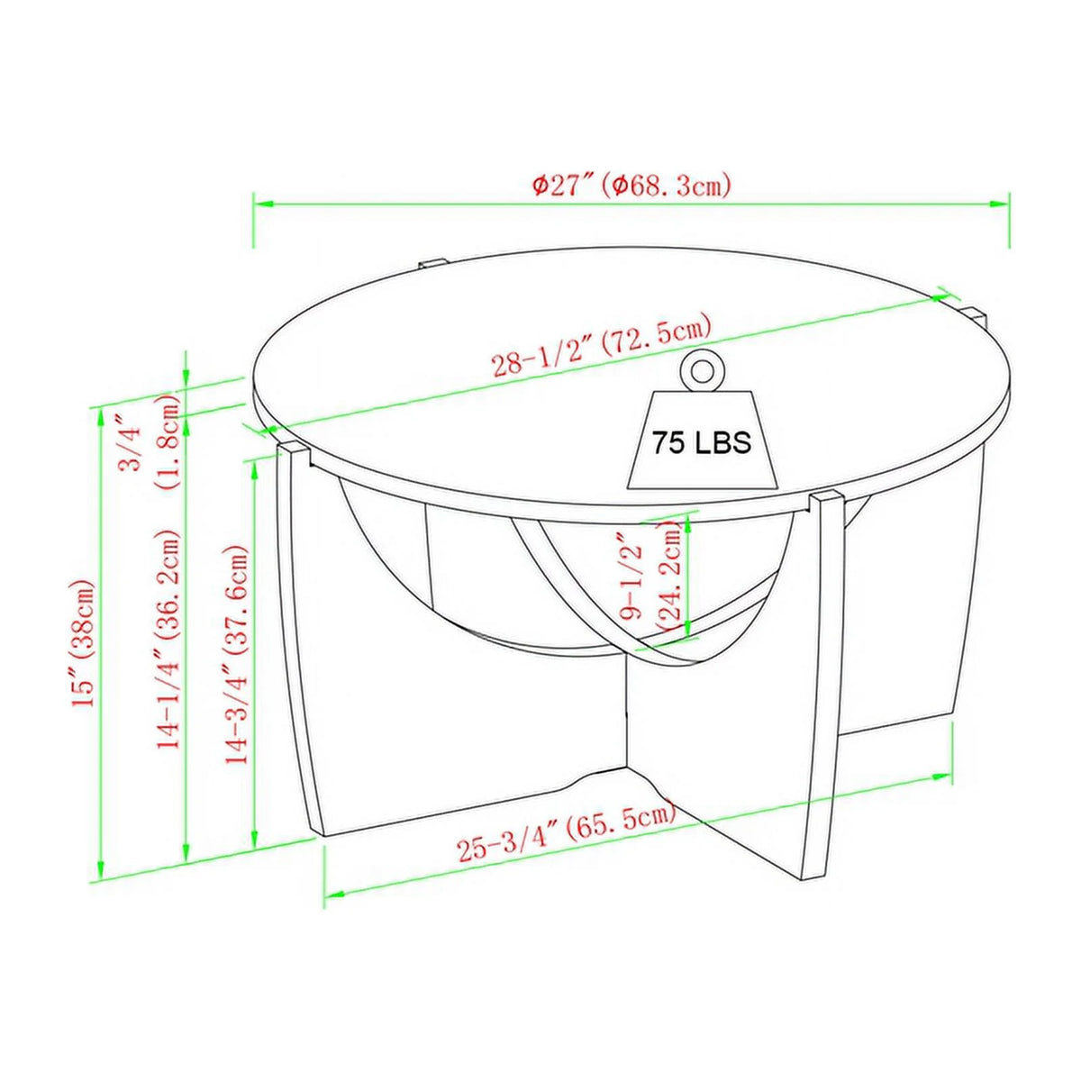 28" Wood Round Coffee Table with Crossed Arch Base P64035