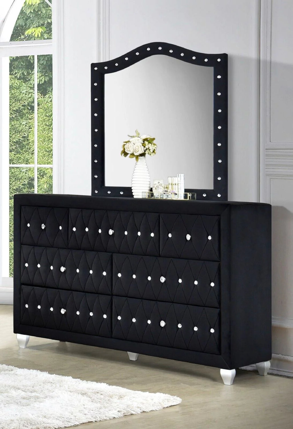 Black Velvet 5Pc King Size Bed Dresser Mirror Nightstand Set Y16288