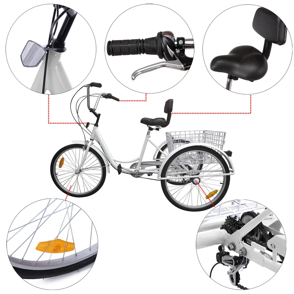 7-Speed 24 Adult 3-Wheel Tricycle with Basket White W997