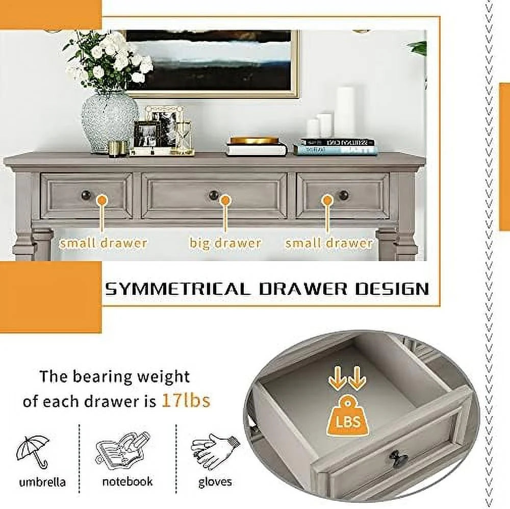 Small Entryway Console Table with 3 Drawers Pine Wood Frame T33577