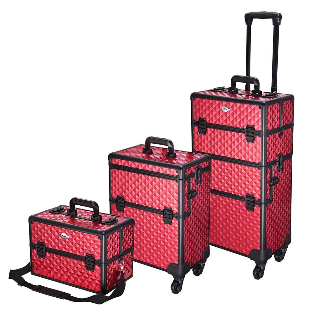 Rolling Aluminum Makeup Train Case 2in1 4Wheel Red Y922064