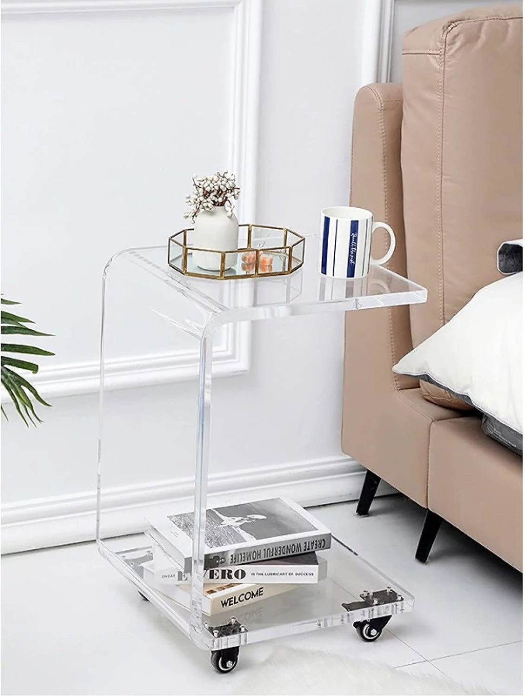 Clear Acrylic C-Shaped Bedside Table on Wheels X55406