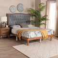 Grey Fabric and Walnut Brown Wood King Size Platform Bed X2705