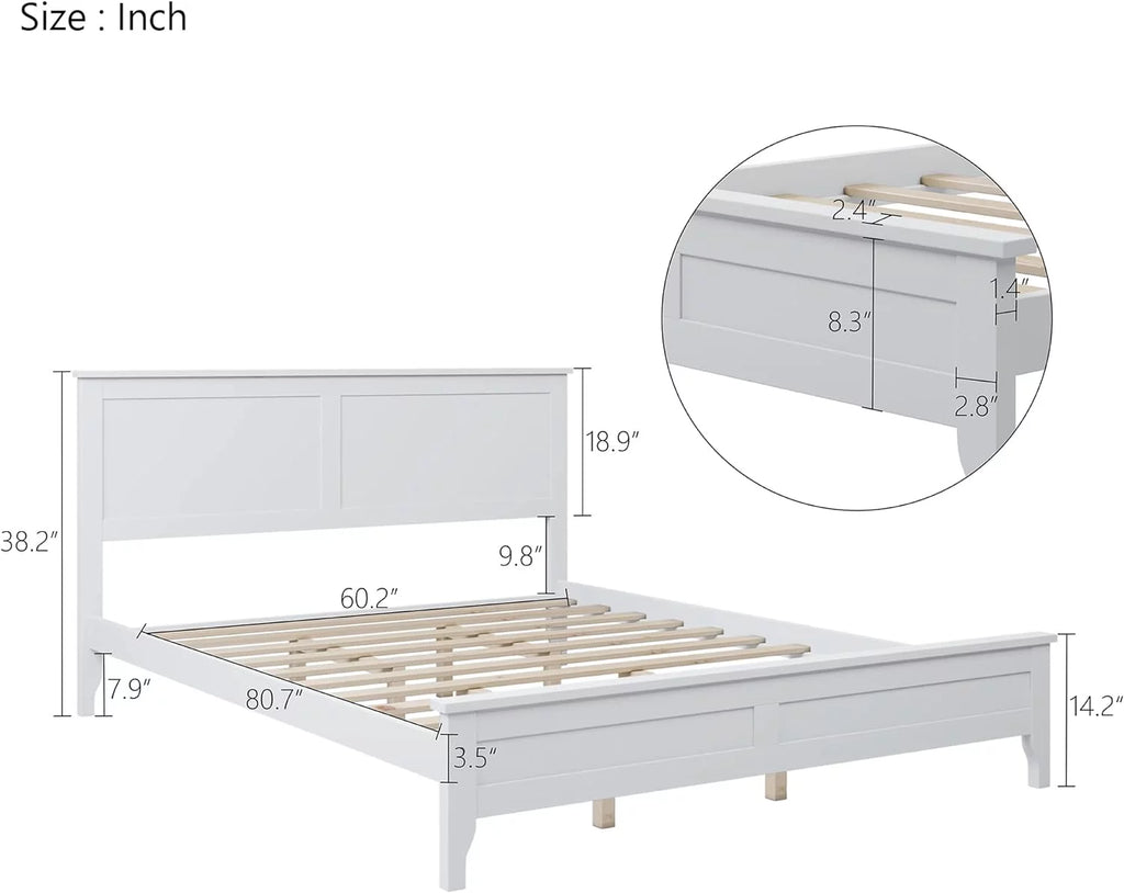 White Queen Size Solid Wood Platform Bed A622