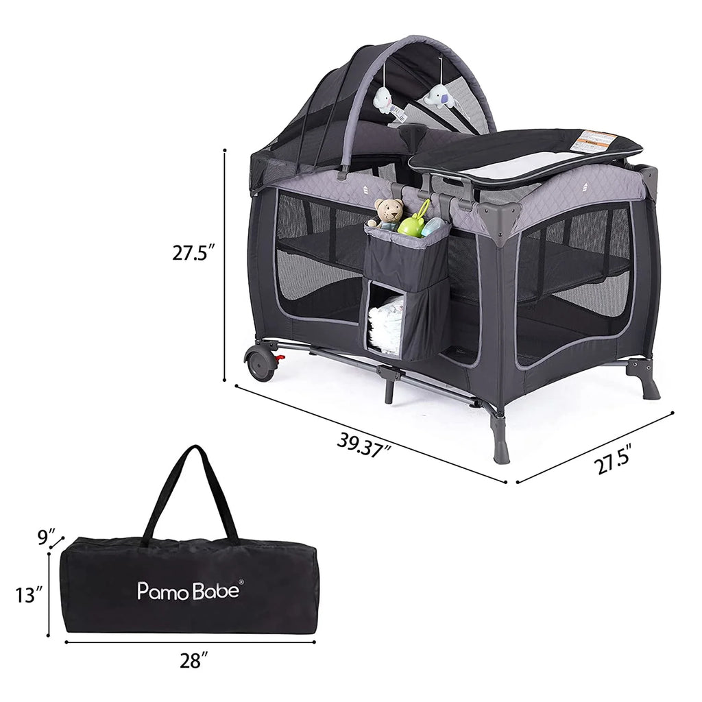 Portable Baby Play Yard with Wheels, Canopy, Changing Table N372