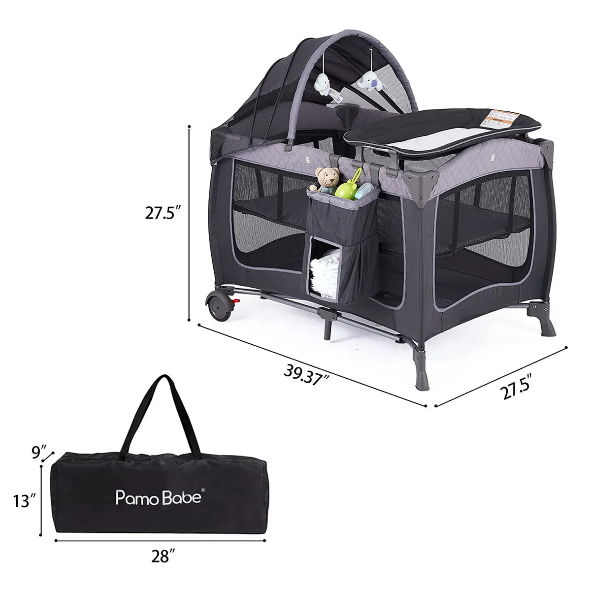 Portable Baby Play Yard with Wheels, Canopy, Changing Table N372