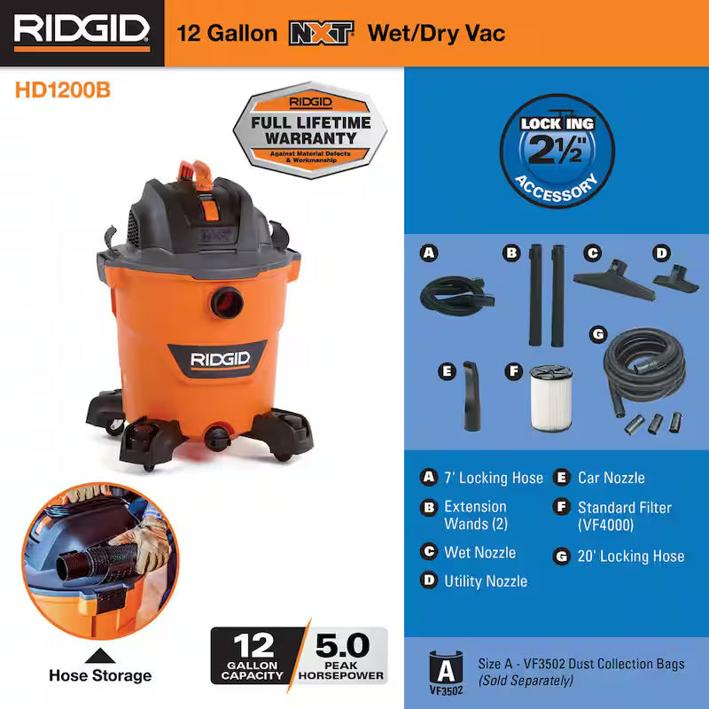 12 Gallon 5.0 Peak HP Wet/Dry Shop Vacuum with Hose N343