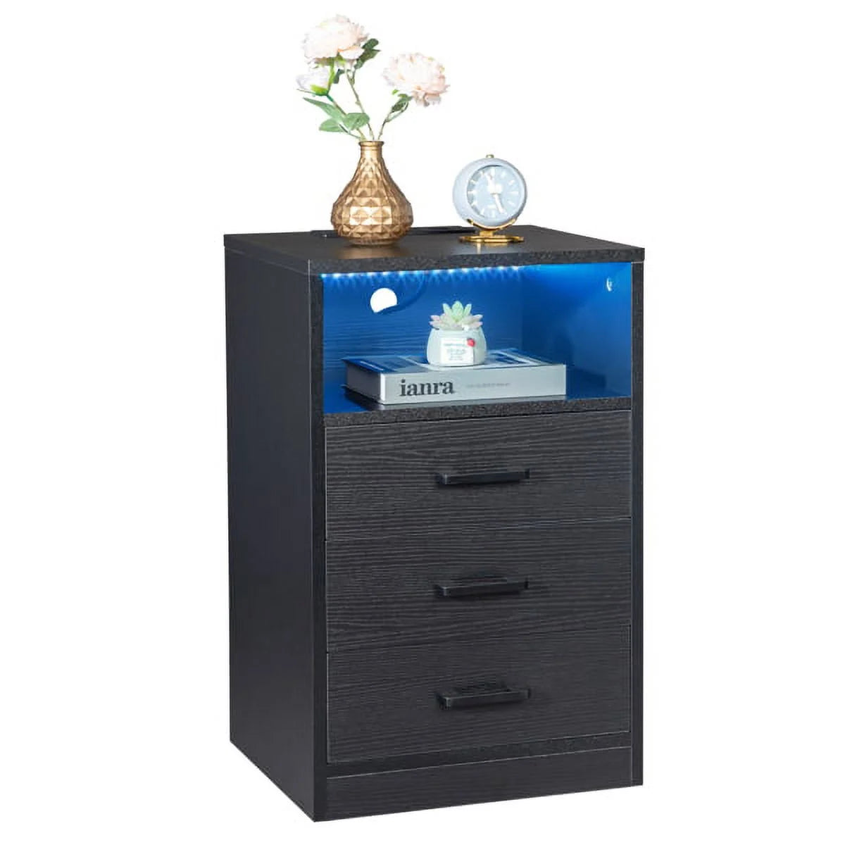 Black Nightstand with Charging Station and 3 Drawers H4749