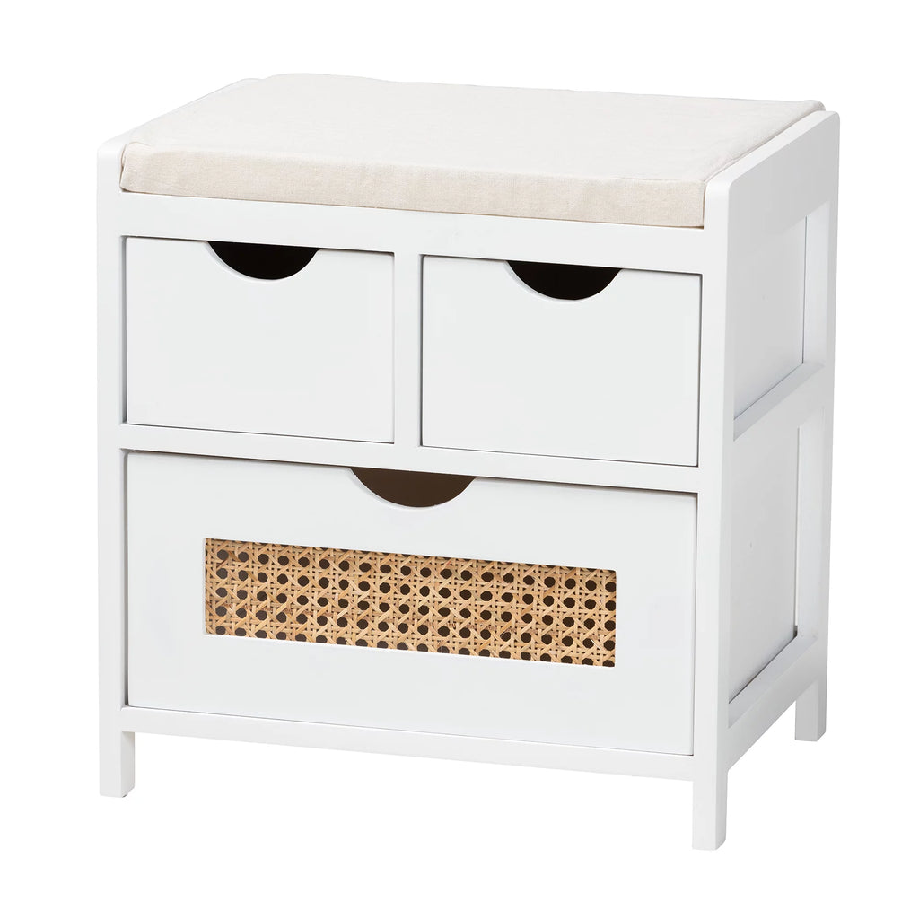 Light Beige Fabric White Wood 3-Drawer Storage Bench with Natural Rattan M8524