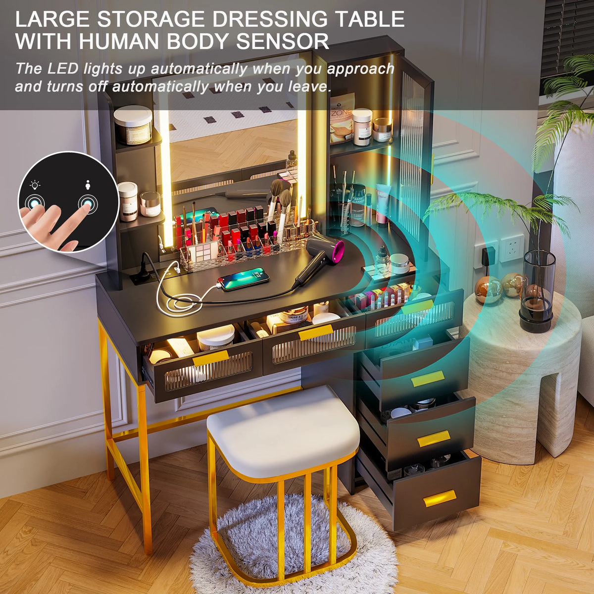 Makeup Vanity Table Set with LED Mirror and 6 Drawers F478