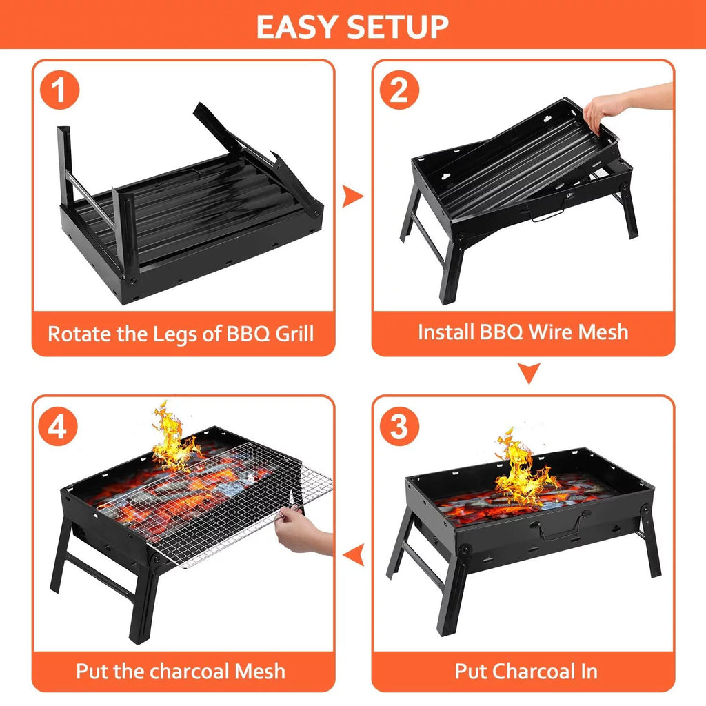 Folding Portable Charcoal BBQ Grill with 10 Pc Stainless Steel Sticks C531