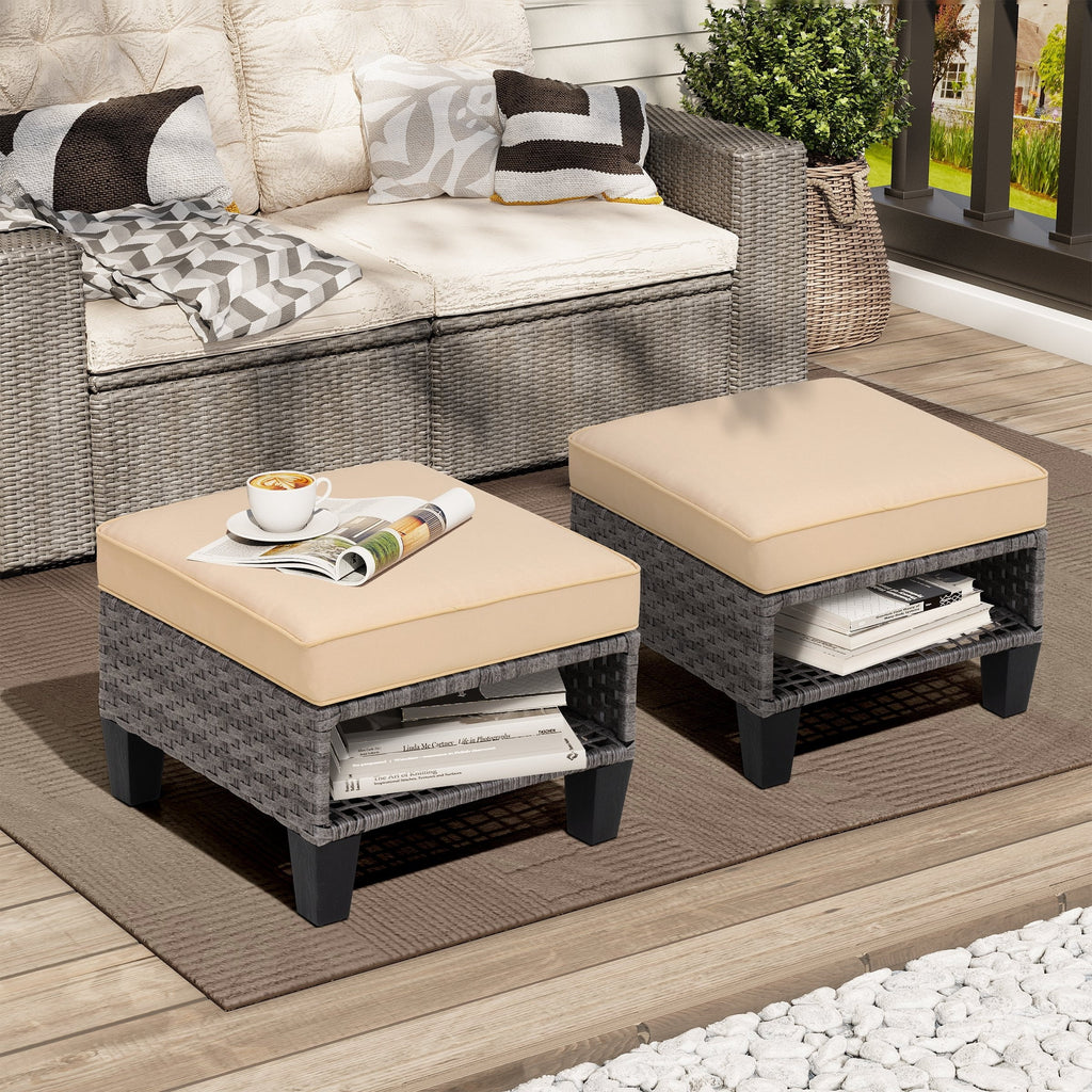 Square Rattan Storage Ottomans Set of 2 with Cushion T284280