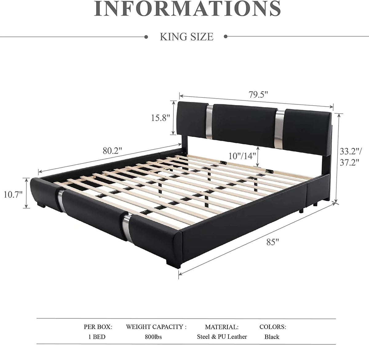 King Size Bed Frame with Adjustable Headboard Black L415