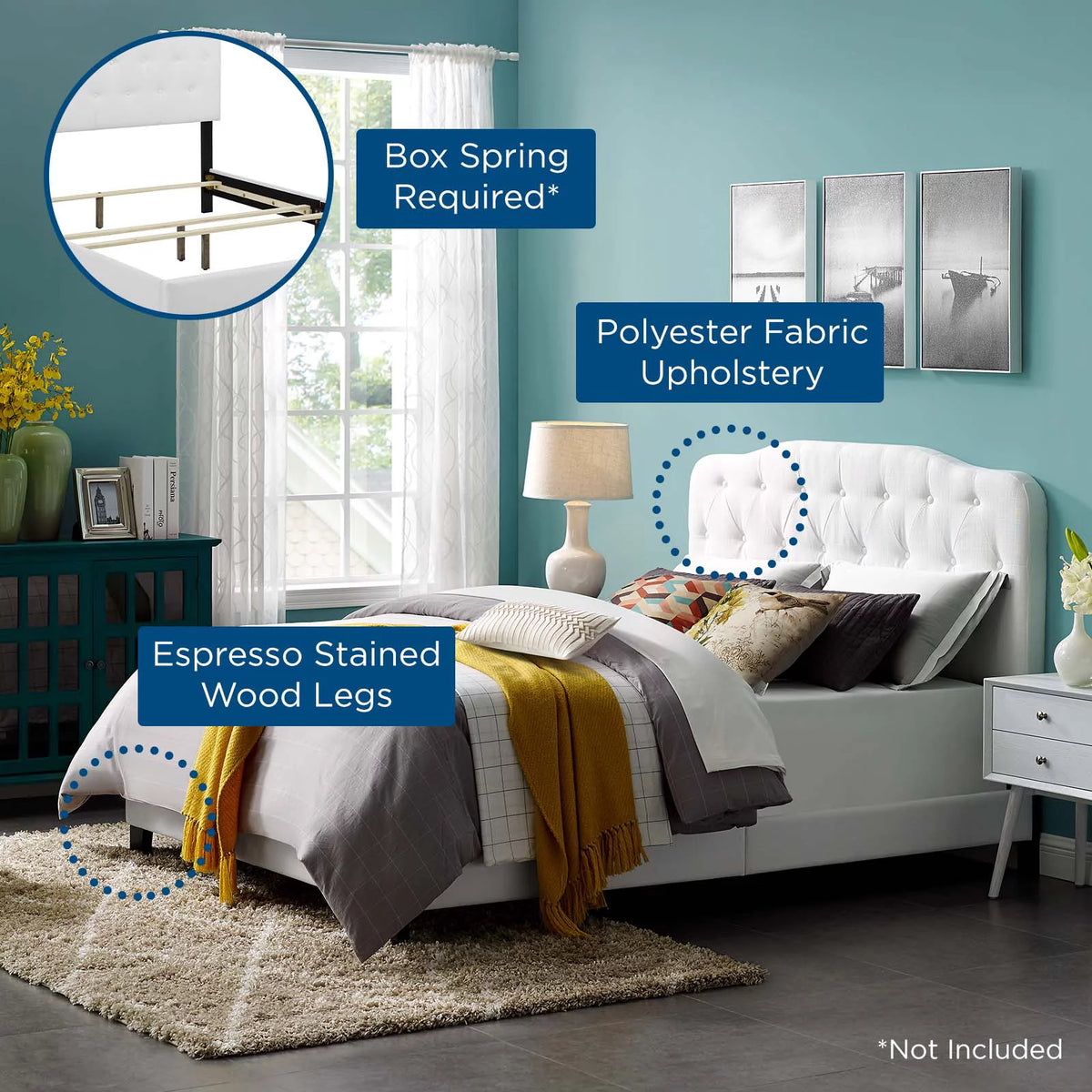 Full Upholstered Fabric Bed in White A2064