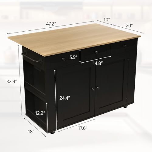 Rolling Kitchen Island Cart with Power Outlet & Drop Leaf, 3 Drawers, Black O521