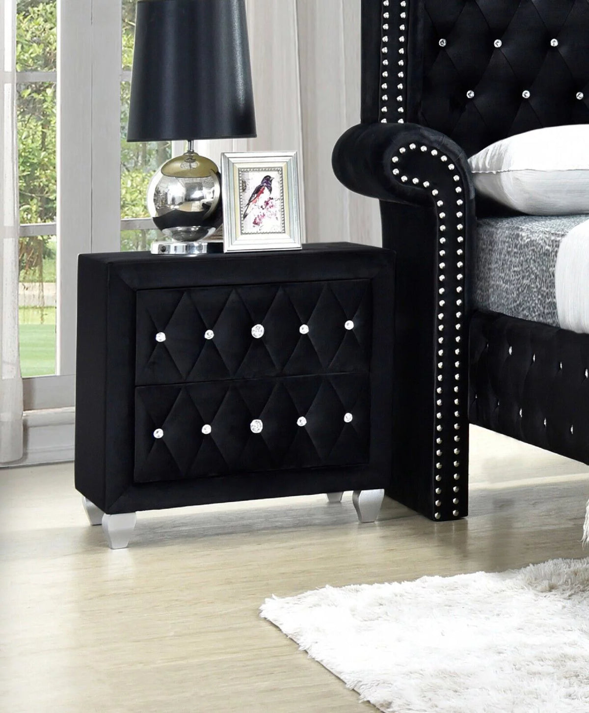 Black Velvet 5Pc King Size Bed Dresser Mirror Nightstand Set Y16288