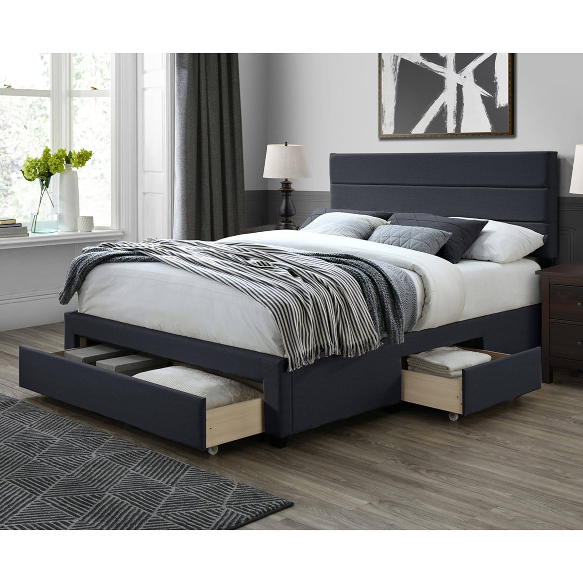 Queen Size Charcoal Fabric Upholstered Bed Frame with Storage Drawers W226717