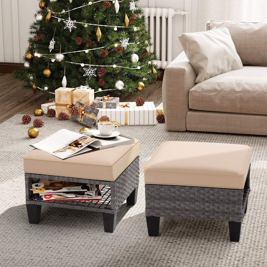 Square Rattan Storage Ottomans Set of 2 with Cushion T284280