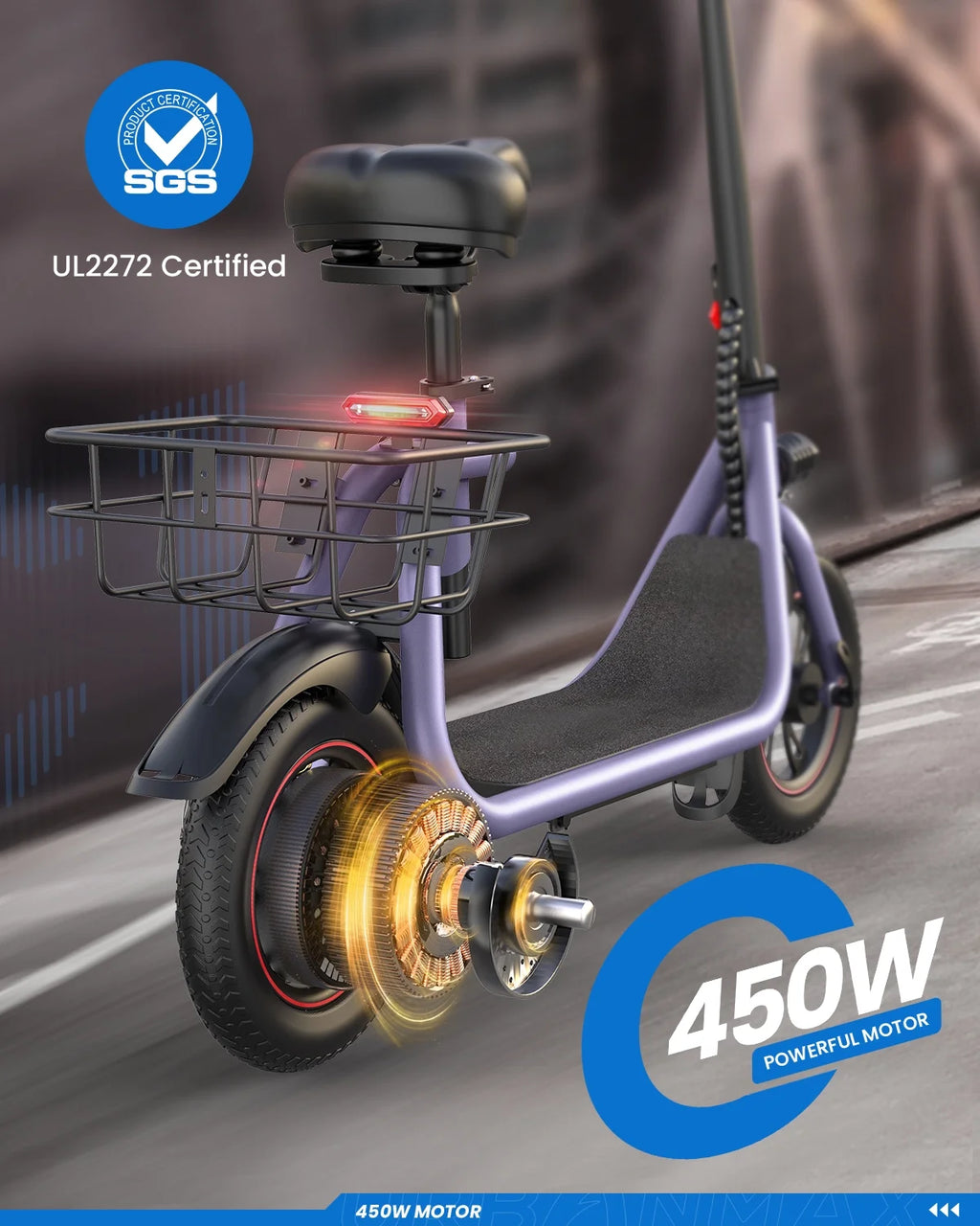Electric Scooter with Seat, 450W Motor, 22 Miles Range, Folding, Black F41619