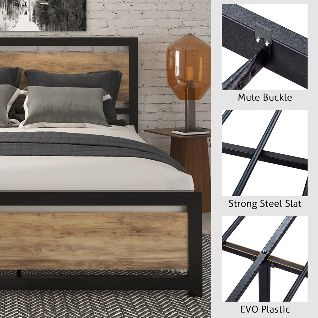 Brown Queen Size Metal Platform Bed Frame with Wooden Headboard U9235