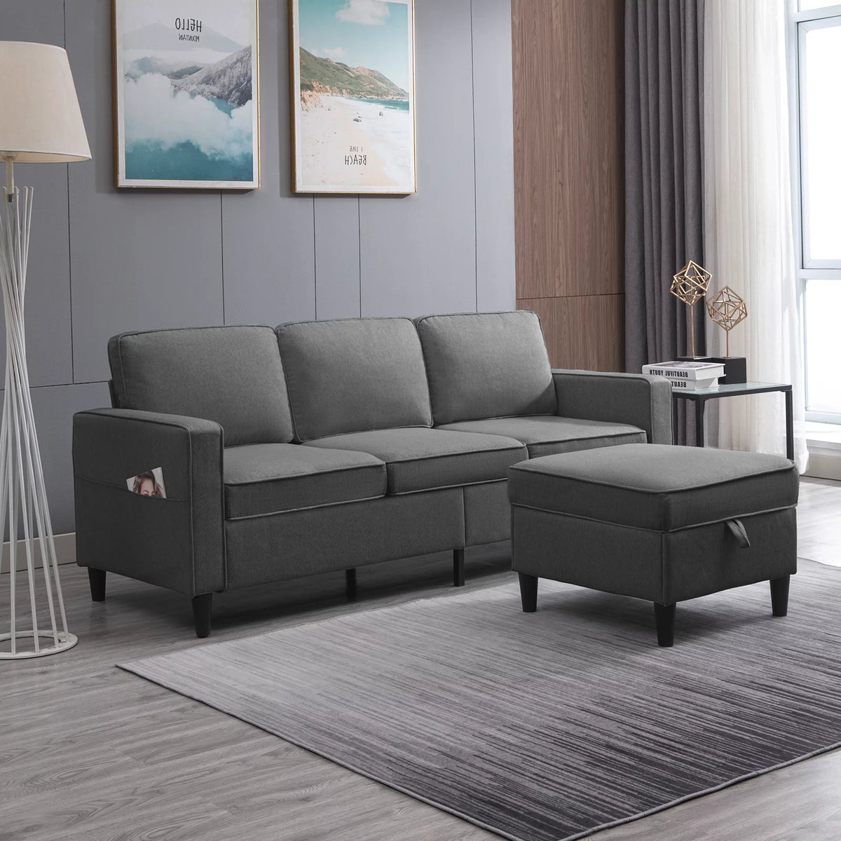 Dark Gray L-Shaped Sectional Sofa with Storage Ottoman W406697