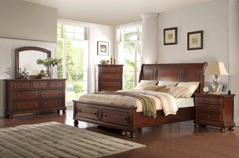 Cherry Wood Finish Eastern King Platform Bedroom Set 4Pcs N44019