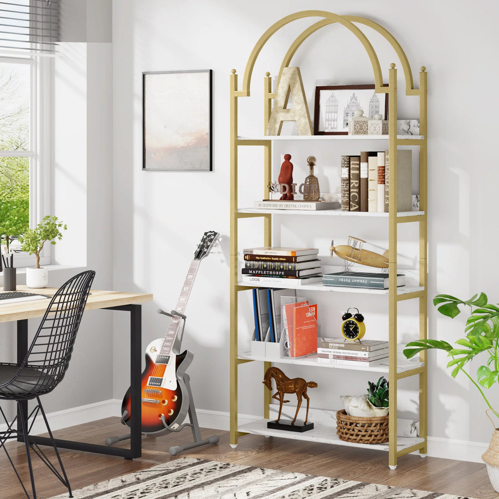 72.4 inch Tall Gold Metal 5 Shelf Arched Bookcase V4210