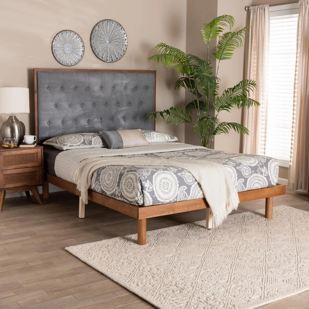 Grey Fabric Walnut Brown Wood King Size Platform Bed P82922