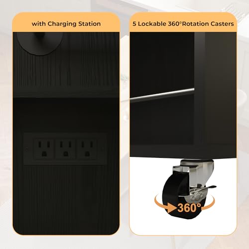 Rolling Kitchen Island Cart with Power Outlet & Drop Leaf, 3 Drawers, Black O521