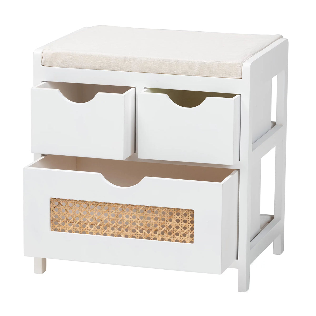 Light Beige Fabric White Wood 3-Drawer Storage Bench with Natural Rattan M8524