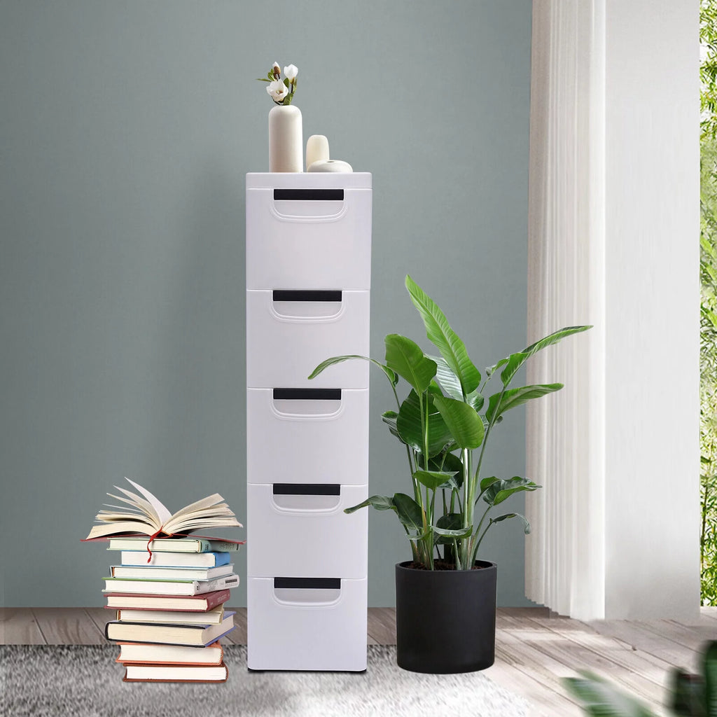 White Narrow Plastic 5 Drawer Dresser with Wheels H908