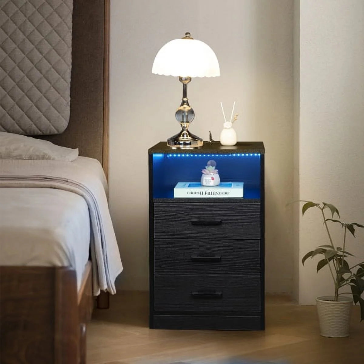 Black Nightstand with Charging Station and 3 Drawers H4749
